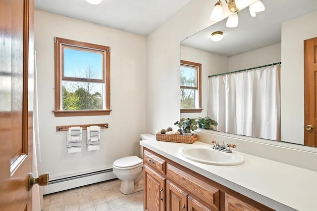 full bathroom with vanity, a baseboard heating unit, toilet, and a shower with curtain