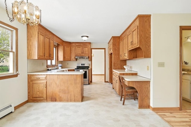 kitchen featuring an inviting chandelier, a peninsula, under cabinet range hood, stainless steel electric stove, and a baseboard radiator
