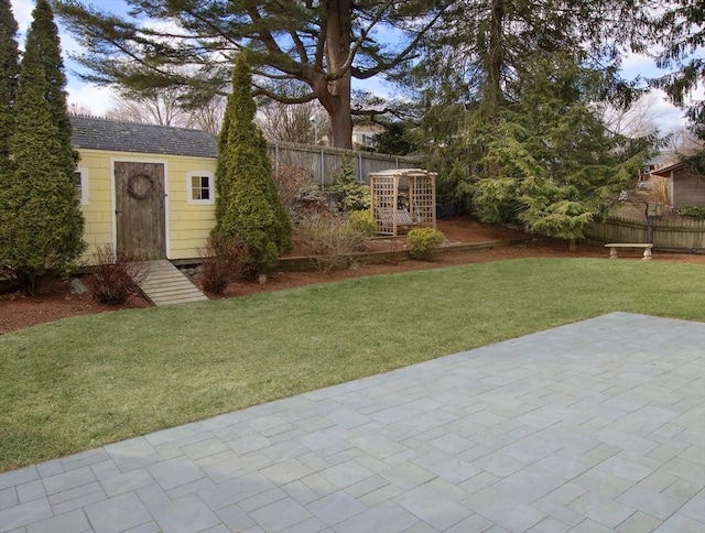 view of yard with a patio area and a storage unit