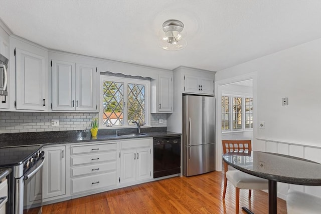 kitchen featuring a healthy amount of sunlight, stainless steel appliances, light wood-style flooring, and a sink