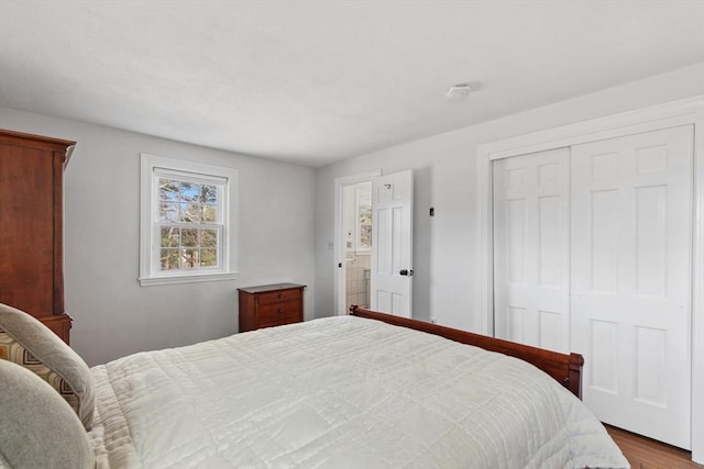 bedroom with wood finished floors and a closet