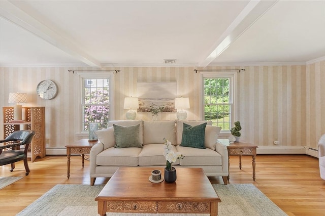 2 Pomfret Rd, Chelmsford, MA 01824 - living room with a baseboard heating unit, wood finished floors, beamed ceiling, wallpapered walls, and ornamental molding