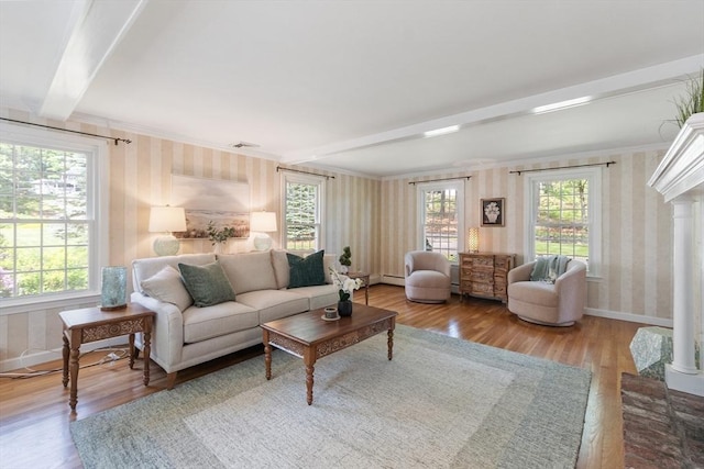 2 Pomfret Rd, Chelmsford, MA 01824 - living area featuring wallpapered walls, wood finished floors, beam ceiling, baseboards, and ornamental molding