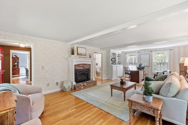2 Pomfret Rd, Chelmsford, MA 01824 - living area with light wood-style flooring, wallpapered walls, a brick fireplace, beam ceiling, and baseboards