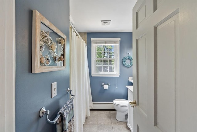 2 Pomfret Rd, Chelmsford, MA 01824 - bathroom with toilet, tile patterned floors, vanity, baseboard heating, and a shower with shower curtain