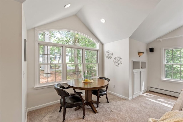 2 Pomfret Rd, Chelmsford, MA 01824 - dining room with a baseboard radiator, lofted ceiling, baseboards, light colored carpet, and recessed lighting