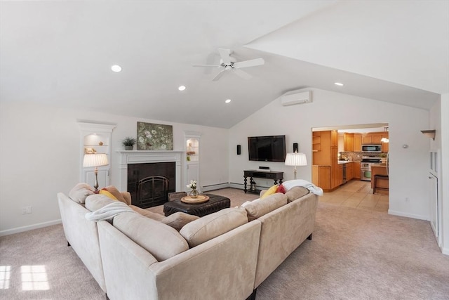 2 Pomfret Rd, Chelmsford, MA 01824 - living area with a wall mounted air conditioner, light carpet, ceiling fan, vaulted ceiling, and baseboards