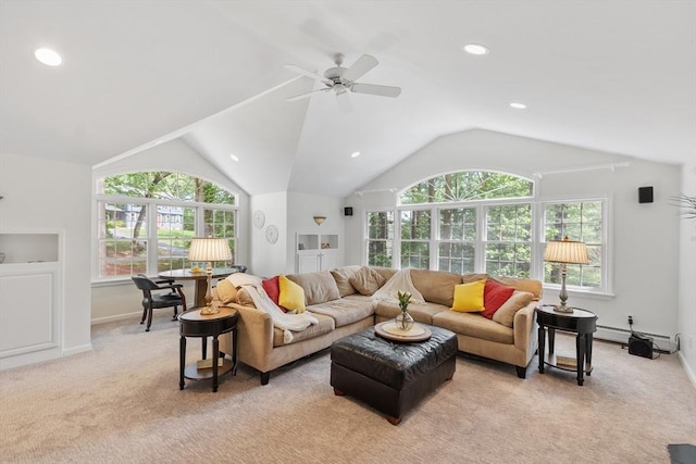 2 Pomfret Rd, Chelmsford, MA 01824 - living area with healthy amount of natural light, light carpet, baseboard heating, a ceiling fan, and vaulted ceiling