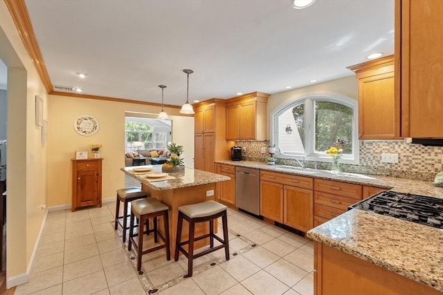 2 Pomfret Rd, Chelmsford, MA 01824 - kitchen with stainless steel dishwasher, backsplash, light tile patterned flooring, a sink, and ornamental molding