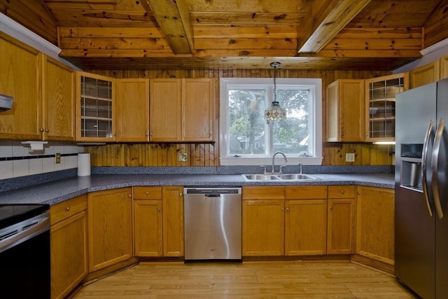 kitchen featuring stainless steel appliances, sink, wooden ceiling, and beam ceiling