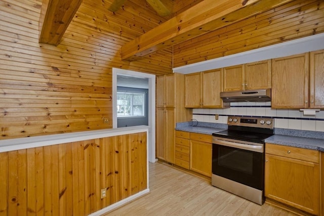 kitchen featuring beamed ceiling, wooden walls, stainless steel range with electric cooktop, and light wood-type flooring