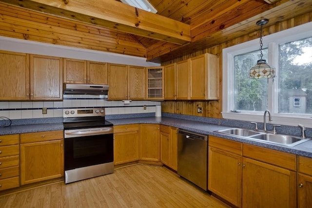 kitchen featuring pendant lighting, sink, light hardwood / wood-style floors, and appliances with stainless steel finishes