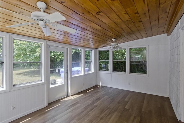 unfurnished sunroom with ceiling fan, lofted ceiling, and wooden ceiling