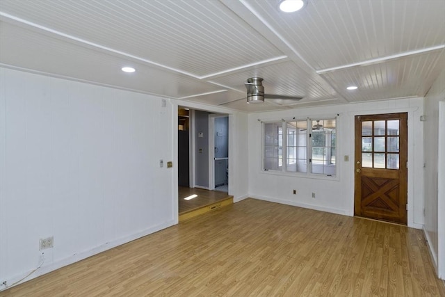 interior space with ceiling fan and light hardwood / wood-style floors