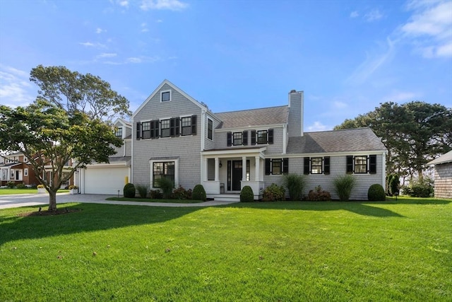 21 Glenwood St, Yarmouth, MA 02673 - shingle-style home featuring concrete driveway, a front lawn, a chimney, an attached garage, and a shingled roof