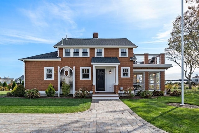 21 Glenwood St, Yarmouth, MA 02673 - view of front of house featuring a chimney, a front lawn, and roof with shingles