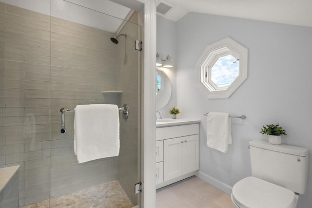 21 Glenwood St, Yarmouth, MA 02673 - full bathroom featuring vanity, a shower stall, and vaulted ceiling