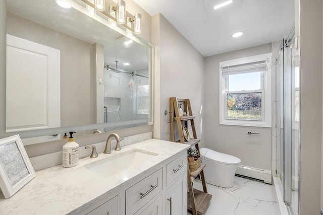 bathroom featuring a baseboard radiator, toilet, vanity, marble finish floor, and a stall shower