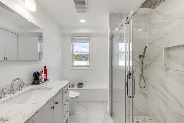 full bath with marble finish floor, a marble finish shower, visible vents, toilet, and vanity