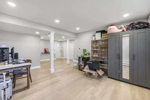 home office with light wood-style floors, baseboards, ornate columns, and recessed lighting