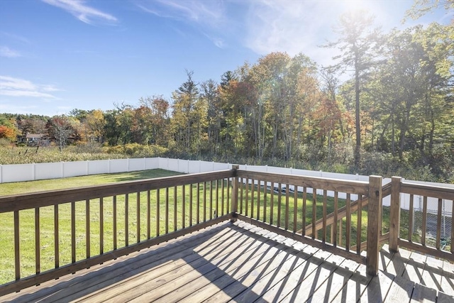 wooden terrace featuring a fenced backyard and a yard