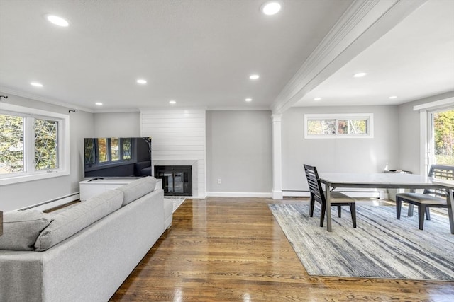 living room featuring a fireplace, ornamental molding, dark wood-style flooring, and recessed lighting