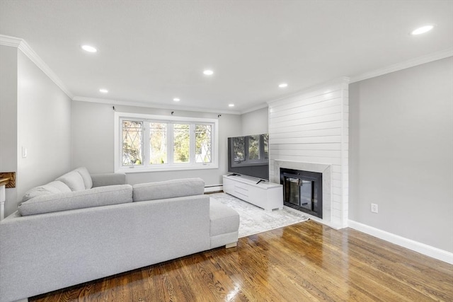 living room with crown molding, a fireplace, baseboard heating, and wood finished floors