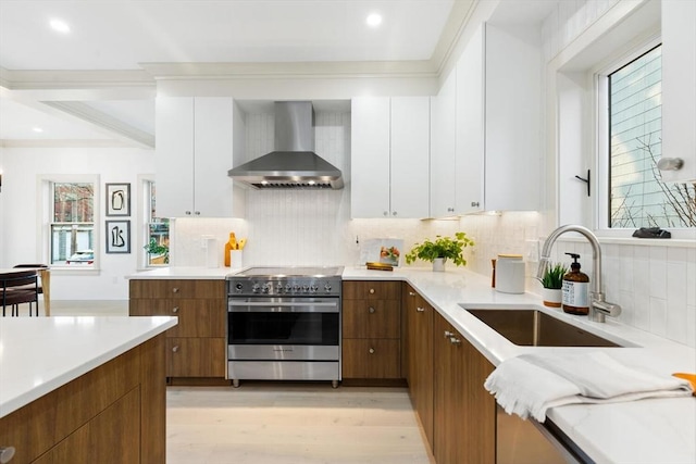 kitchen with white cabinets, electric range, wall chimney exhaust hood, and sink