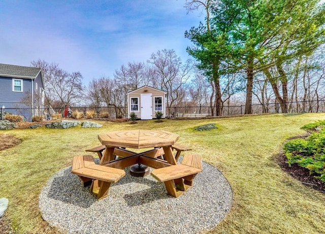 view of yard with an outbuilding and a fenced backyard