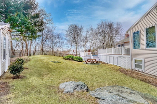 view of yard with fence and a wooden deck