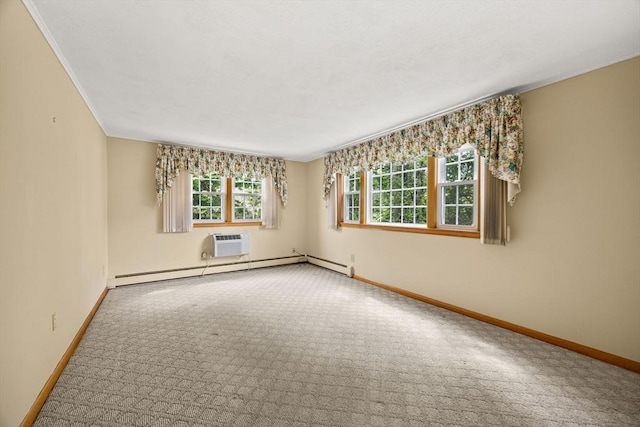 carpeted spare room featuring a wall mounted AC, baseboards, and ornamental molding