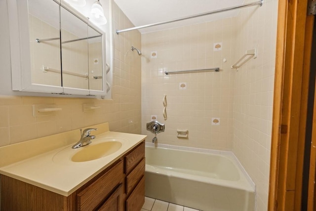 full bathroom featuring shower / tub combination, vanity, tile walls, and tile patterned floors