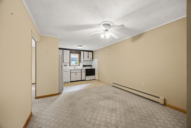 unfurnished living room featuring a baseboard radiator, baseboards, a ceiling fan, light carpet, and ornamental molding