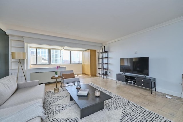 6 Whittier Pl Unit 10H, Boston, MA 02114 - living area featuring crown molding, baseboards, and radiator heating unit