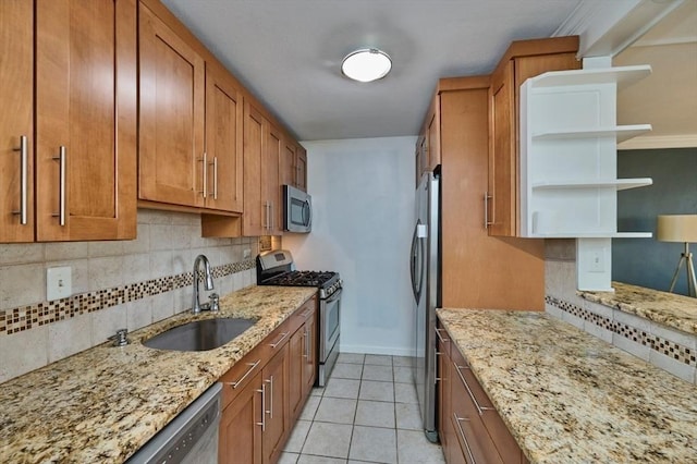 6 Whittier Pl Unit 10H, Boston, MA 02114 - kitchen featuring appliances with stainless steel finishes, a sink, tasteful backsplash, brown cabinetry, and open shelves