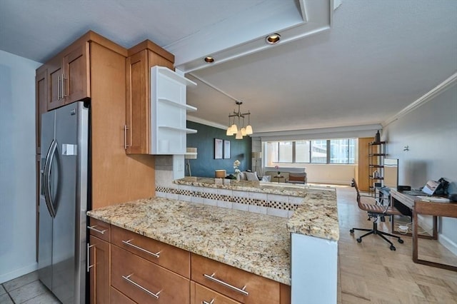 6 Whittier Pl Unit 10H, Boston, MA 02114 - kitchen featuring stainless steel refrigerator with ice dispenser, baseboards, open floor plan, a peninsula, and light stone counters
