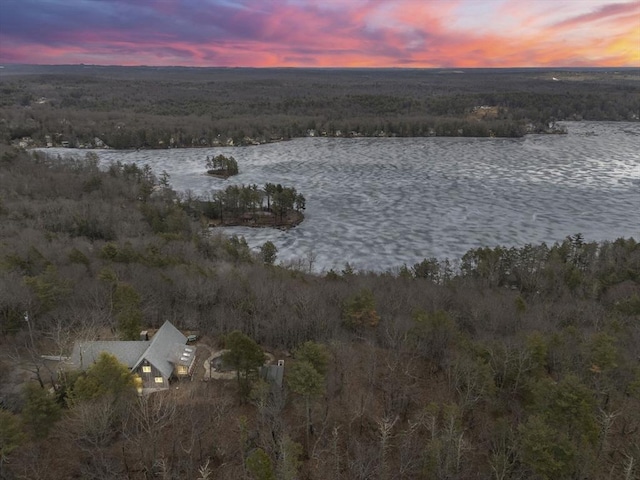 exterior space featuring a wooded view and a water view