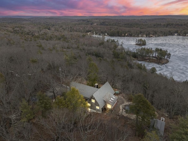 aerial view at dusk with a view of trees and a water view