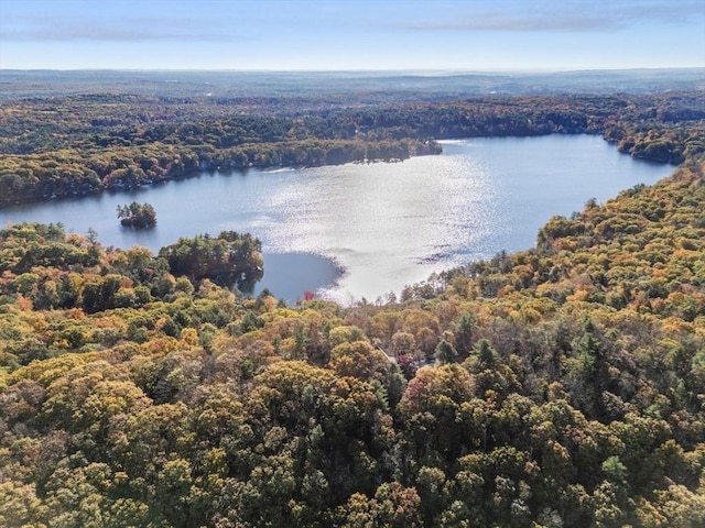 aerial view featuring a forest view and a water view