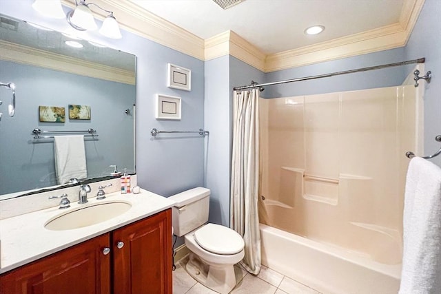 full bathroom with shower / bath combination with curtain, crown molding, vanity, tile patterned flooring, and toilet