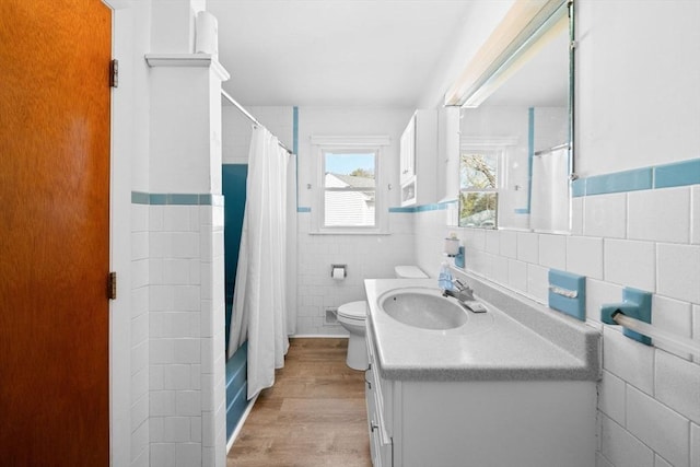 301 Main St, Acushnet, MA 02743 - bathroom with tile walls, vanity, toilet, wood finished floors, and wainscoting