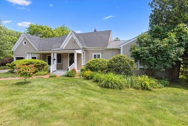 16 River Rd, Hanover, MA 02339 - view of front of house featuring a porch, a front lawn, roof with shingles, and a chimney