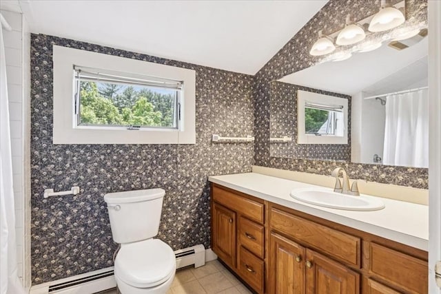 16 River Rd, Hanover, MA 02339 - bathroom featuring baseboard heating, vanity, lofted ceiling, tile patterned floors, and a shower with curtain