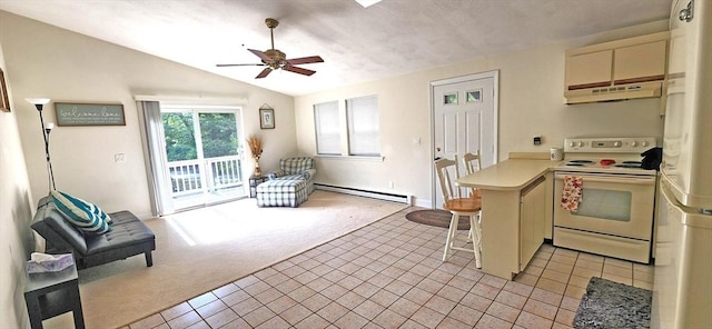 70 Cape Dr Unit 12C, Mashpee, MA 02649 - kitchen with white appliances, a baseboard heating unit, under cabinet range hood, a peninsula, and light colored carpet