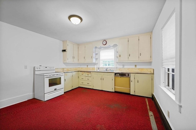 58 Huntington Ave, Dartmouth, MA 02747 - kitchen featuring white range with electric cooktop, dishwasher, cream cabinetry, and light countertops
