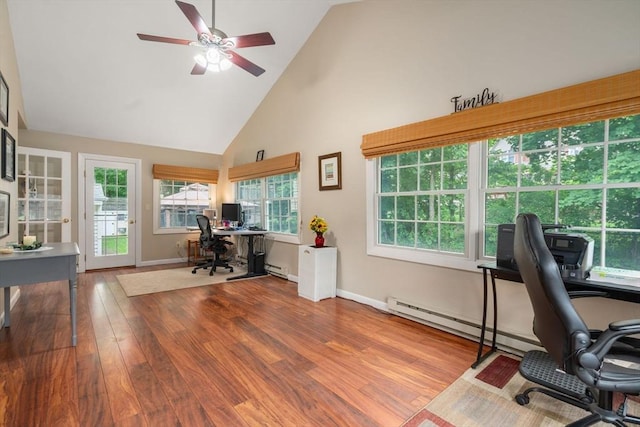 5 Cutler Rd, Paxton, MA 01612 - office area with wood finished floors, ceiling fan, high vaulted ceiling, and baseboard heating