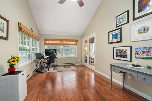 5 Cutler Rd, Paxton, MA 01612 - office area featuring lofted ceiling, wood finished floors, baseboard heating, and a ceiling fan