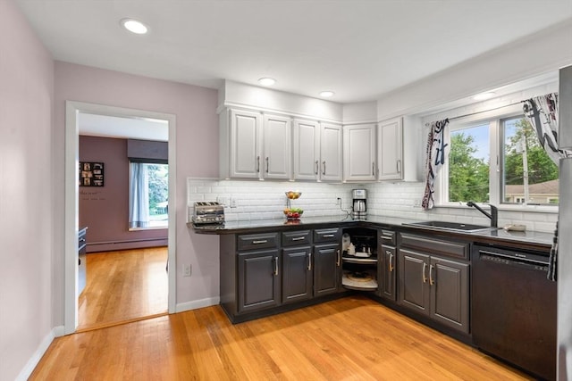 5 Cutler Rd, Paxton, MA 01612 - kitchen with black dishwasher, baseboard heating, dark countertops, light wood finished floors, and white cabinets