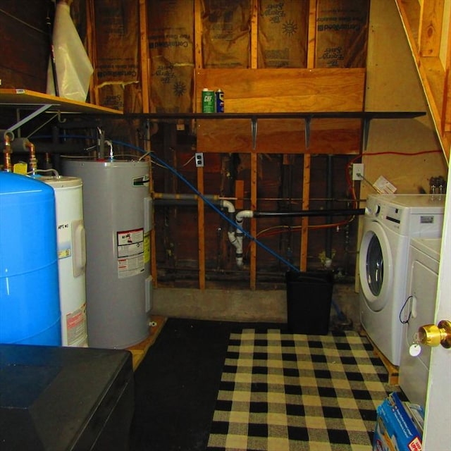 interior space with electric water heater and washing machine and clothes dryer