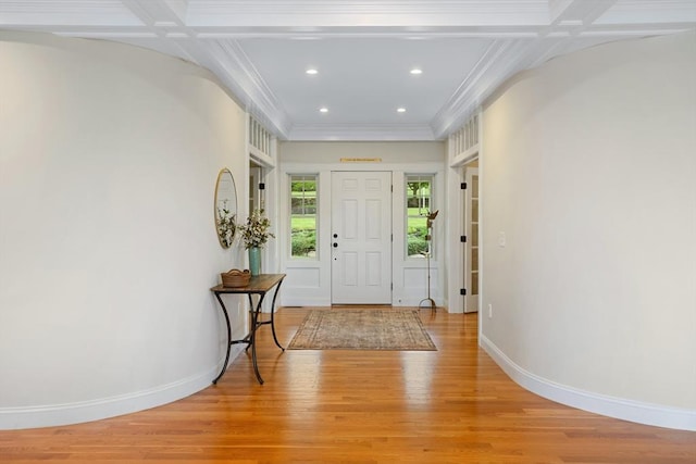 81 Hanover Rd, Carlisle, MA 01741 - foyer with light wood-type flooring, recessed lighting, ornamental molding, and baseboards
